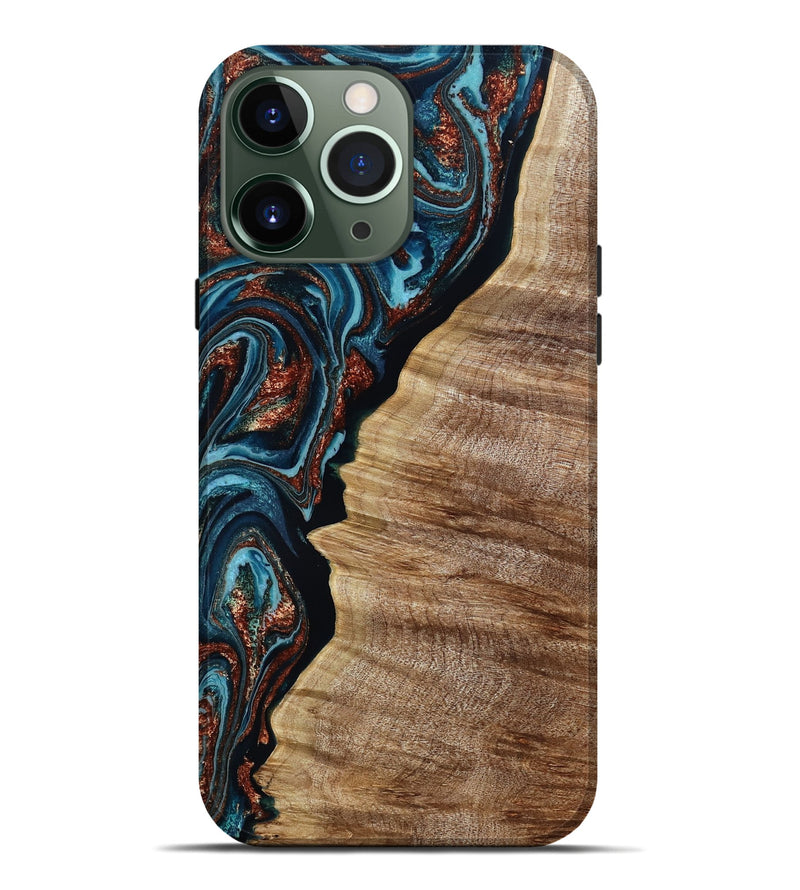 iPhone 13 Pro Max Wood Live Edge Phone Case - Liza (Teal & Gold, 790190)