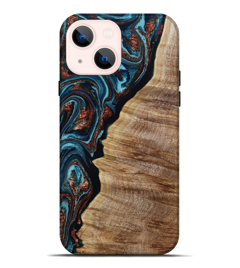 iPhone 14 Plus Wood Live Edge Phone Case - Liza (Teal & Gold, 790190)