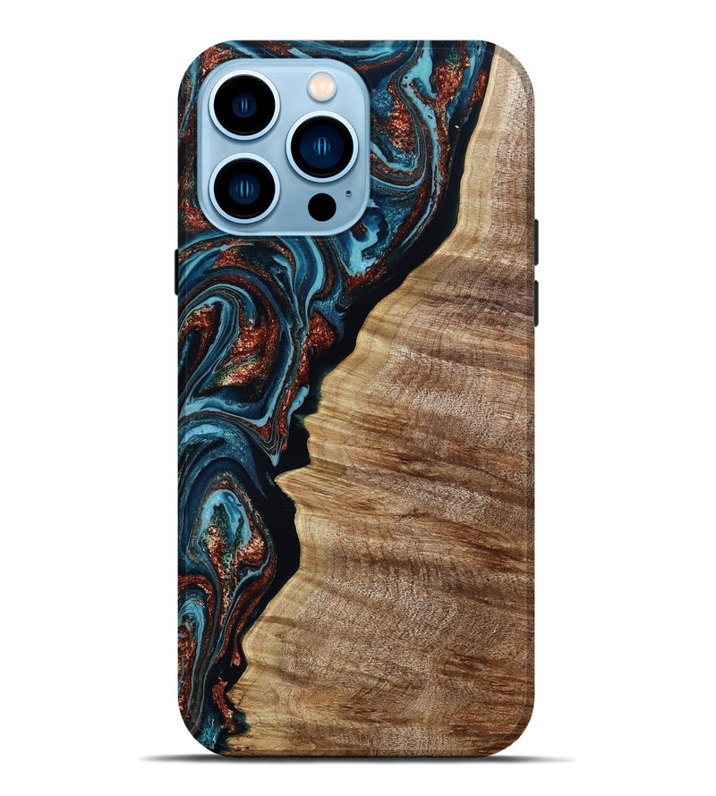 iPhone 14 Pro Max Wood Live Edge Phone Case - Liza (Teal & Gold, 790190)