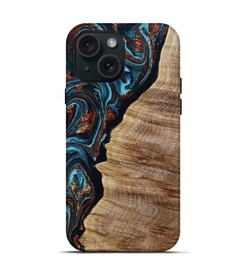 iPhone 15 Wood Live Edge Phone Case - Liza (Teal & Gold, 790190)