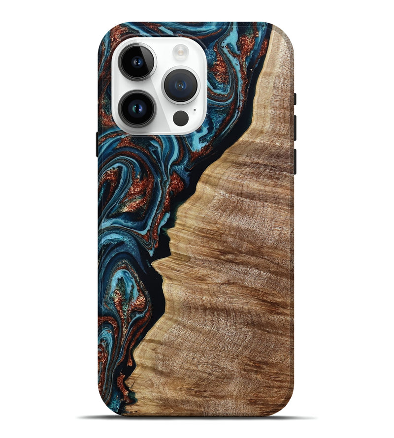 iPhone 15 Pro Max Wood Live Edge Phone Case - Liza (Teal & Gold, 790190)