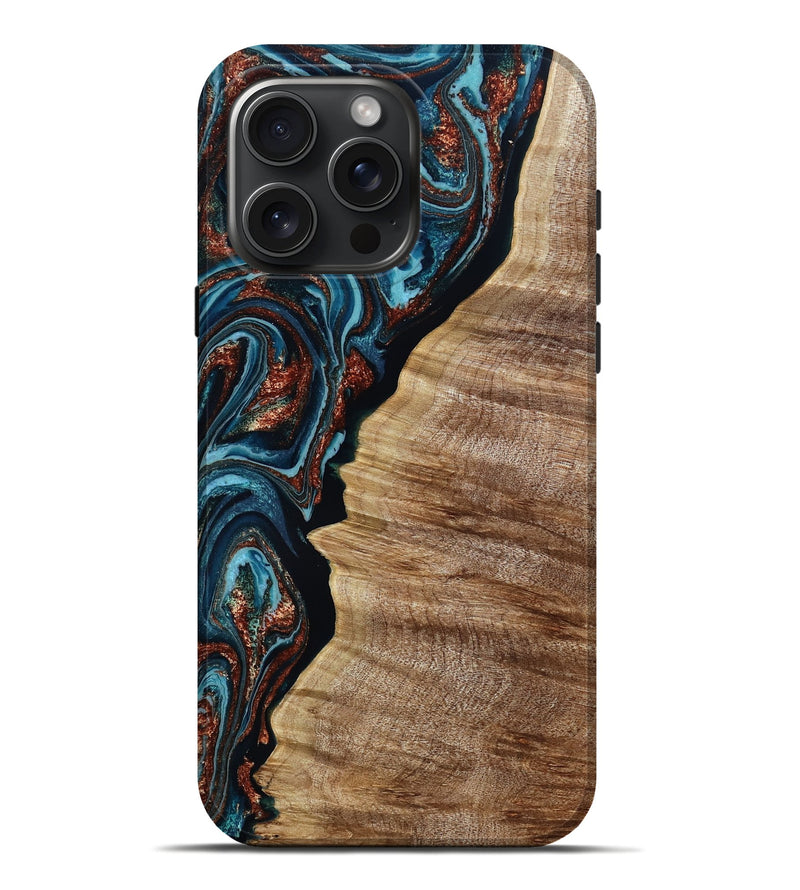 iPhone 16 Pro Max Wood Live Edge Phone Case - Liza (Teal & Gold, 790190)