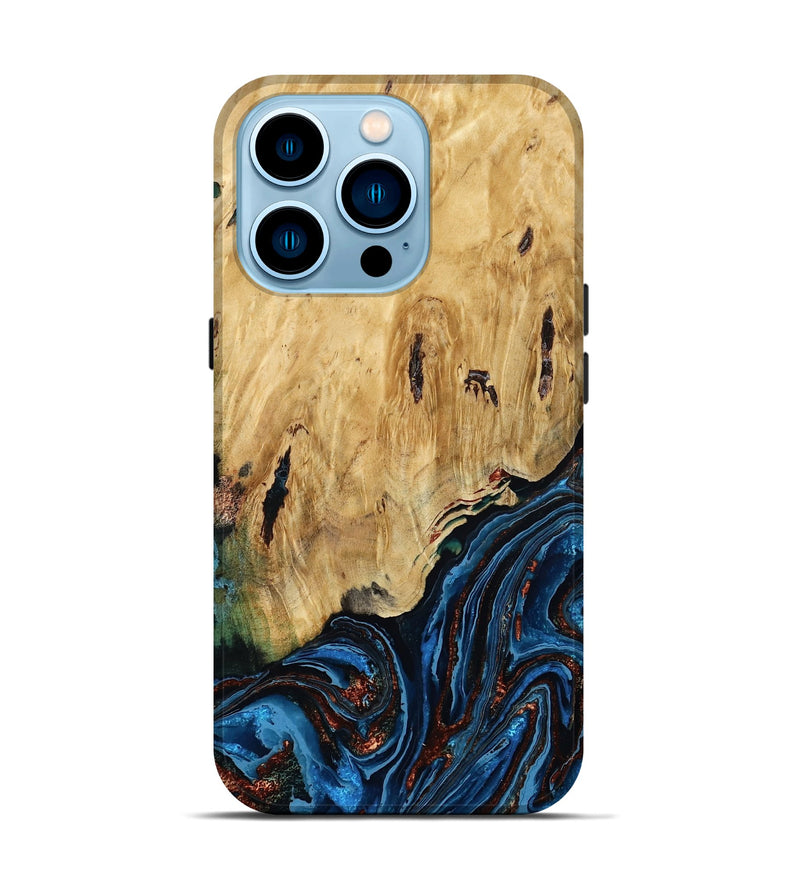 iPhone 14 Pro Wood Live Edge Phone Case - Hildred (Teal & Gold, 790195)