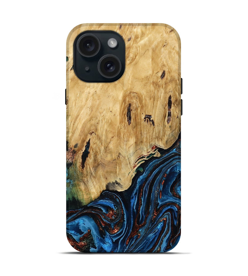 iPhone 15 Wood Live Edge Phone Case - Hildred (Teal & Gold, 790195)