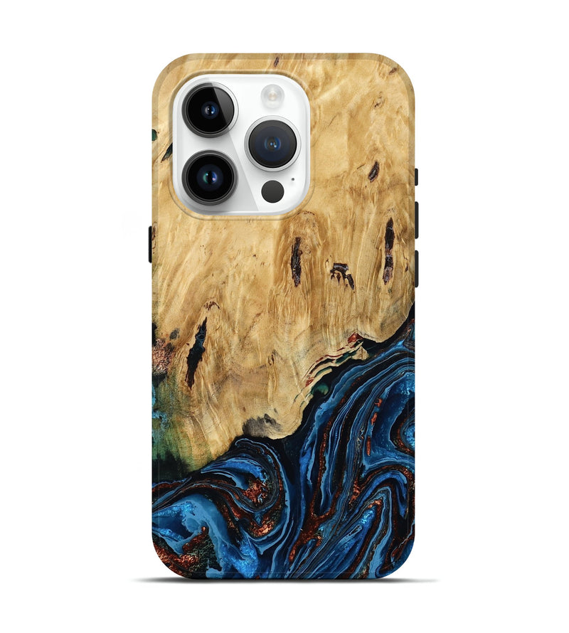 iPhone 15 Pro Wood Live Edge Phone Case - Hildred (Teal & Gold, 790195)