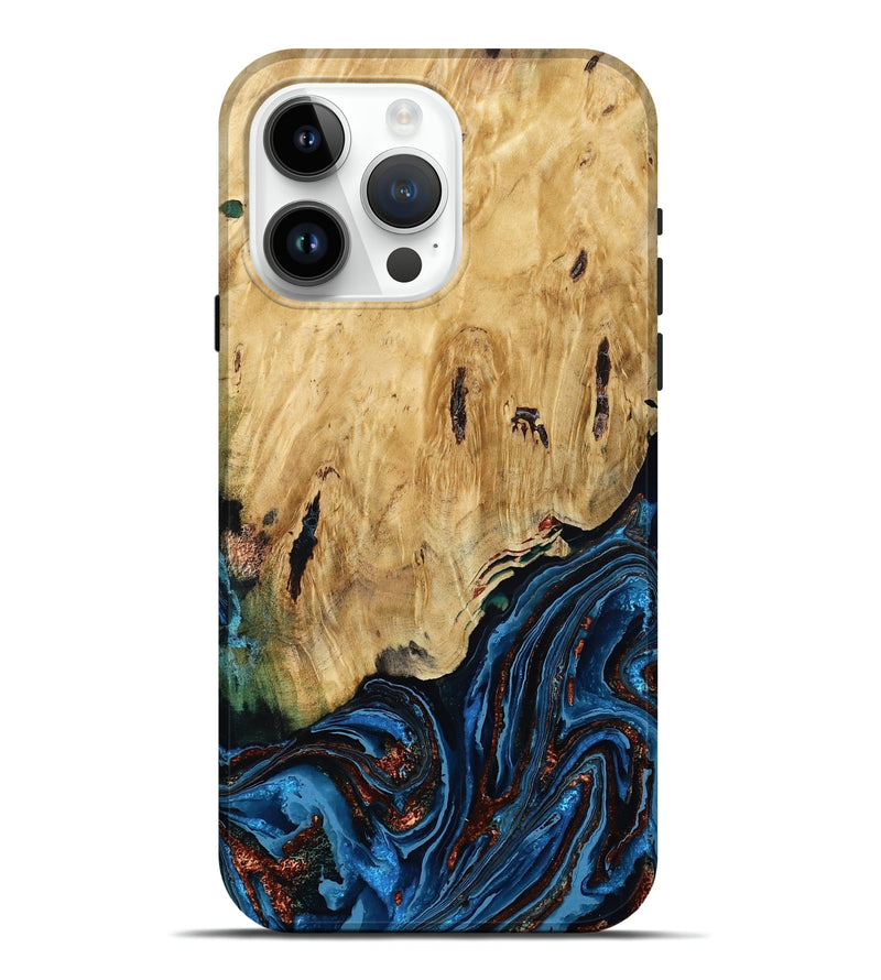 iPhone 15 Pro Max Wood Live Edge Phone Case - Hildred (Teal & Gold, 790195)