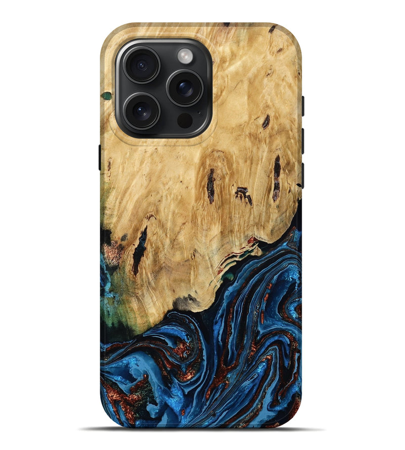 iPhone 16 Pro Max Wood Live Edge Phone Case - Hildred (Teal & Gold, 790195)