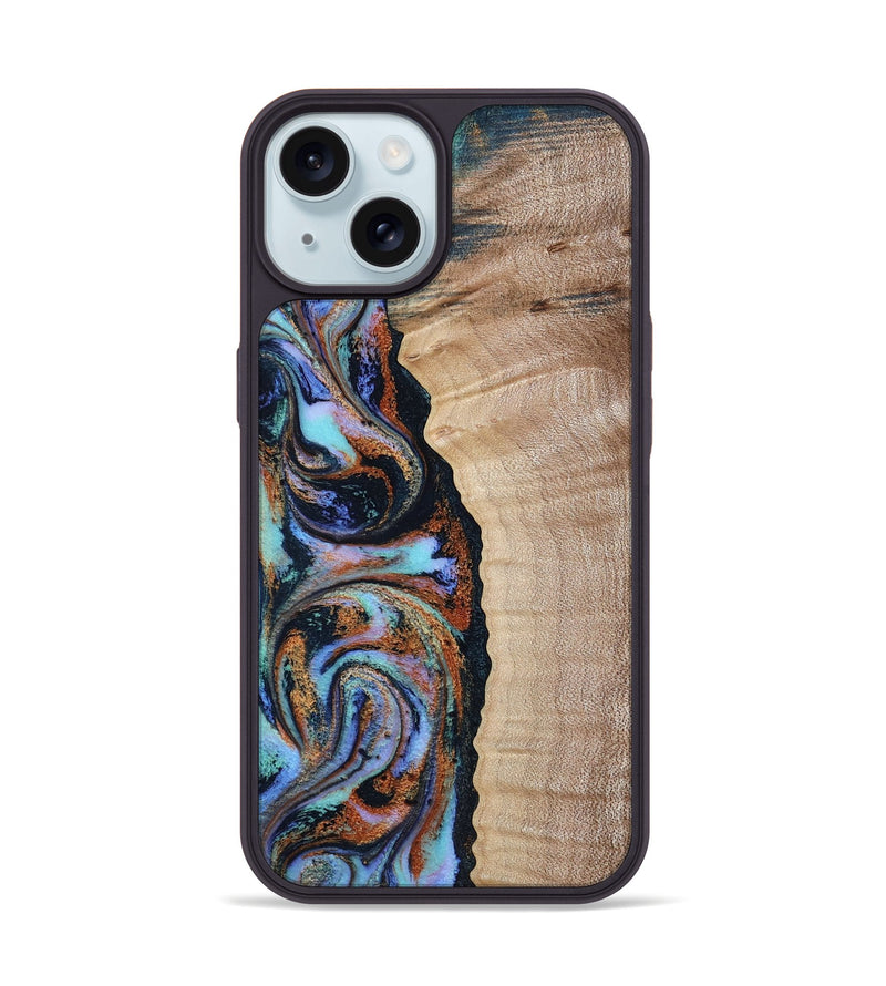 iPhone 15 Wood Phone Case - Isabell (Teal & Gold, 790222)