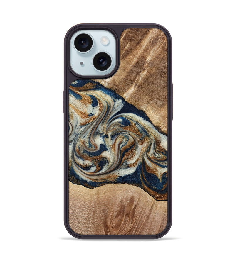 iPhone 15 Wood Phone Case - Ace (Teal & Gold, 790257)