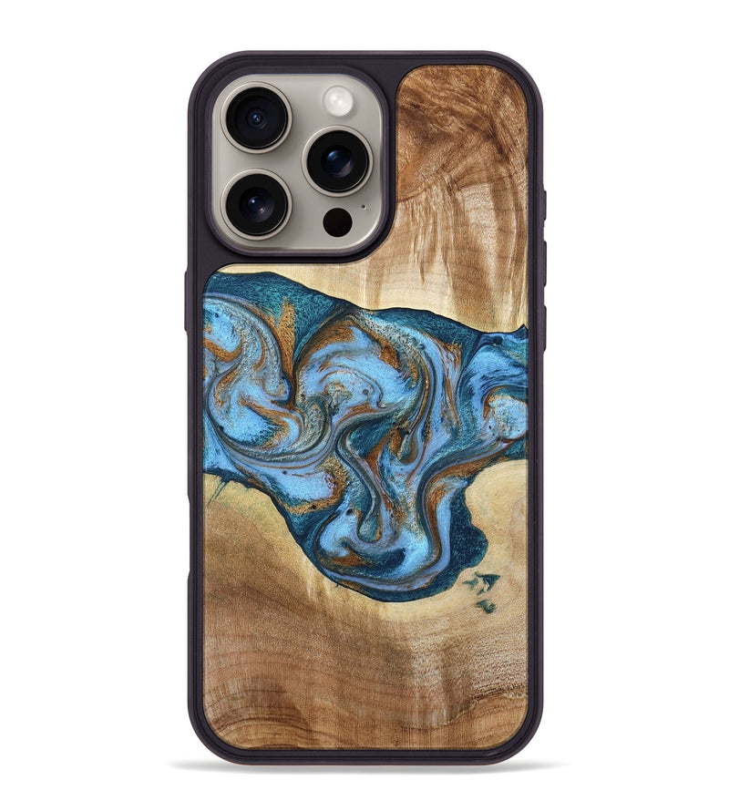 iPhone 16 Pro Max Wood Phone Case - Amaia (Teal & Gold, 790381)