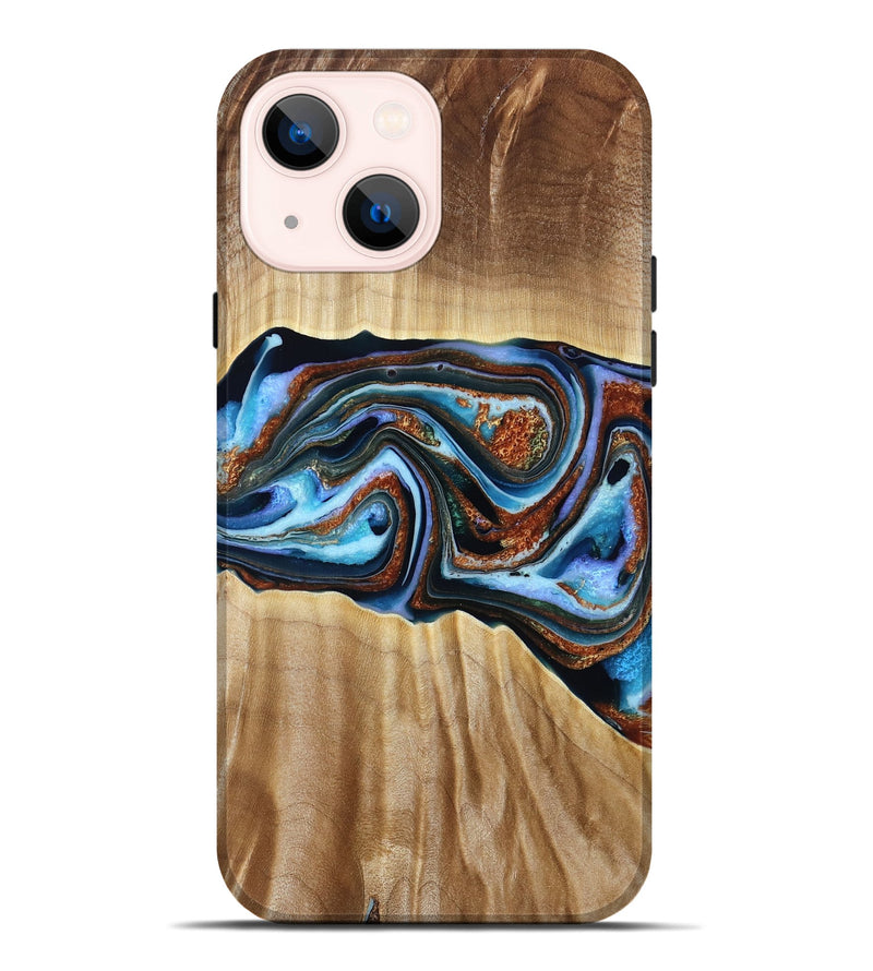 iPhone 14 Plus Wood Live Edge Phone Case - Elmer (Teal & Gold, 790586)
