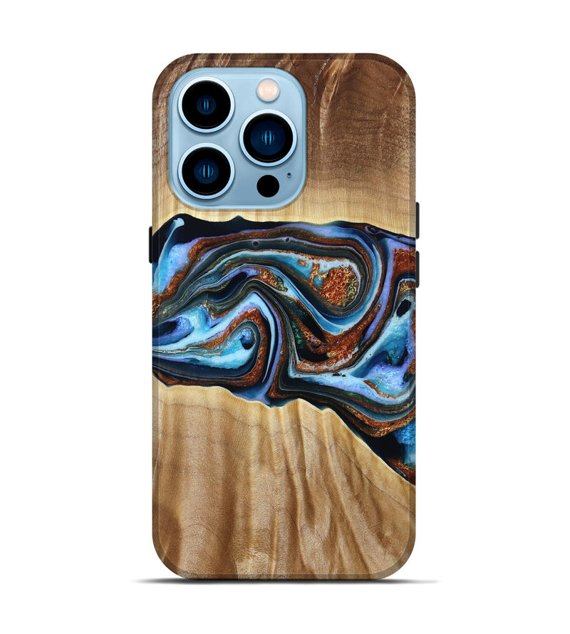 iPhone 14 Pro Wood Live Edge Phone Case - Elmer (Teal & Gold, 790586)