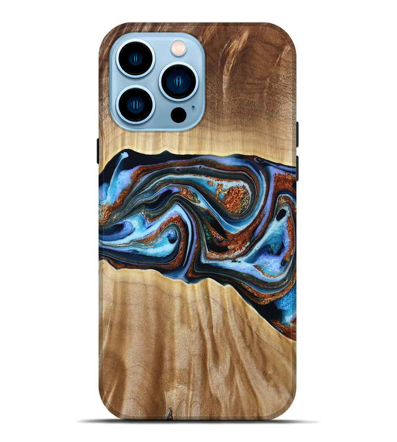 iPhone 14 Pro Max Wood Live Edge Phone Case - Elmer (Teal & Gold, 790586)