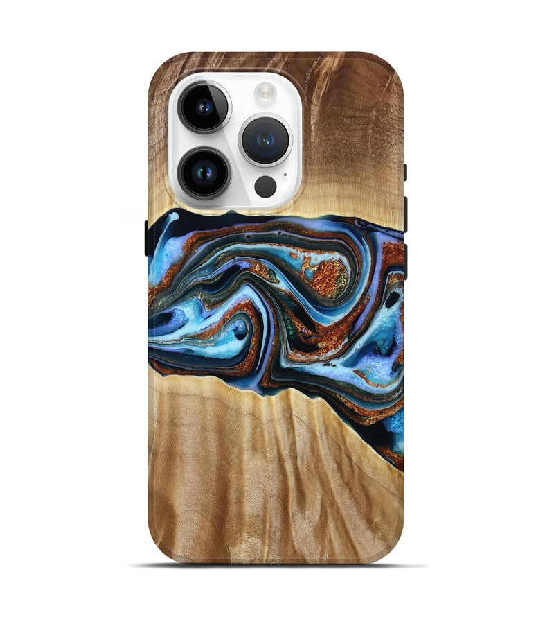iPhone 15 Pro Wood Live Edge Phone Case - Elmer (Teal & Gold, 790586)