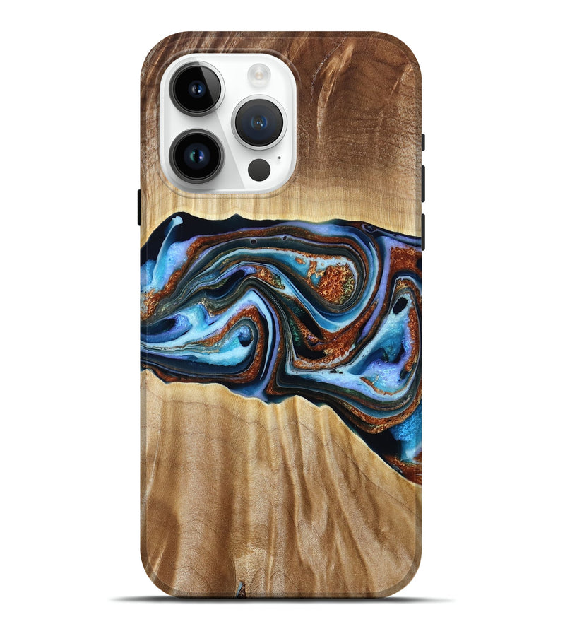 iPhone 15 Pro Max Wood Live Edge Phone Case - Elmer (Teal & Gold, 790586)