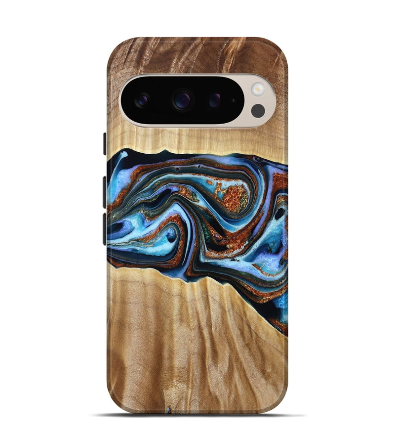 Pixel 9 Pro Wood Live Edge Phone Case - Elmer (Teal & Gold, 790586)