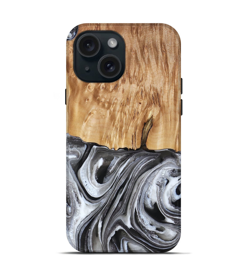 iPhone 15 Wood Live Edge Phone Case - Rivka (Black & White, 790596)