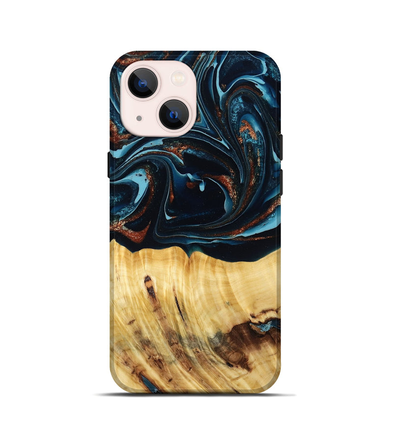 iPhone 13 mini Wood Live Edge Phone Case - Jacque (Teal & Gold, 790632)