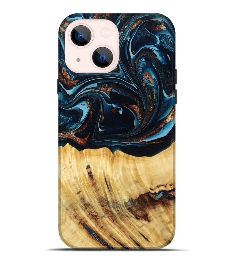 iPhone 14 Plus Wood Live Edge Phone Case - Jacque (Teal & Gold, 790632)