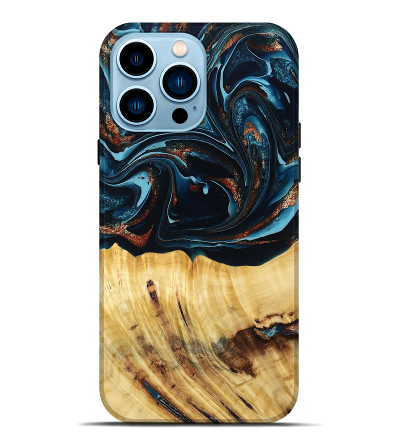iPhone 14 Pro Max Wood Live Edge Phone Case - Jacque (Teal & Gold, 790632)