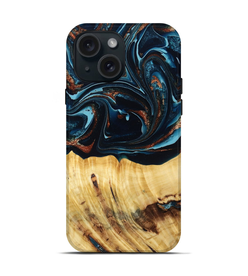 iPhone 15 Wood Live Edge Phone Case - Jacque (Teal & Gold, 790632)