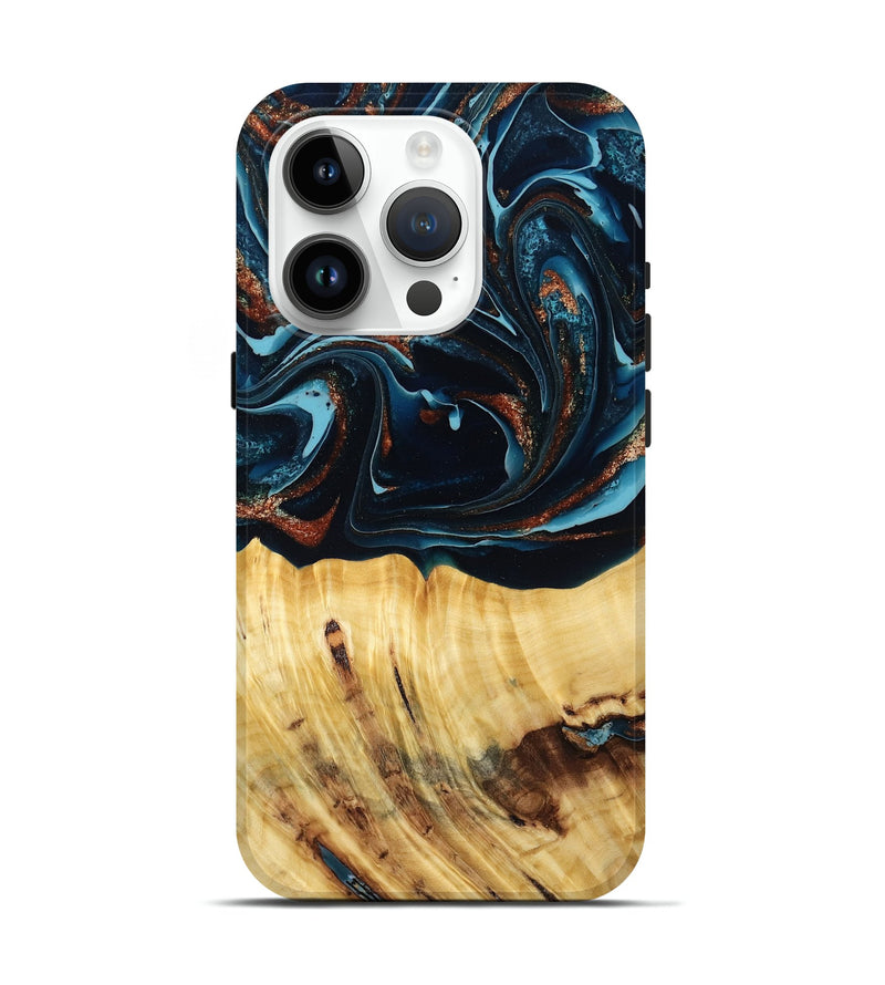 iPhone 15 Pro Wood Live Edge Phone Case - Jacque (Teal & Gold, 790632)