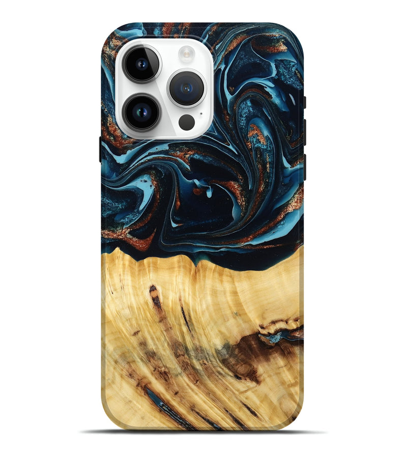 iPhone 15 Pro Max Wood Live Edge Phone Case - Jacque (Teal & Gold, 790632)