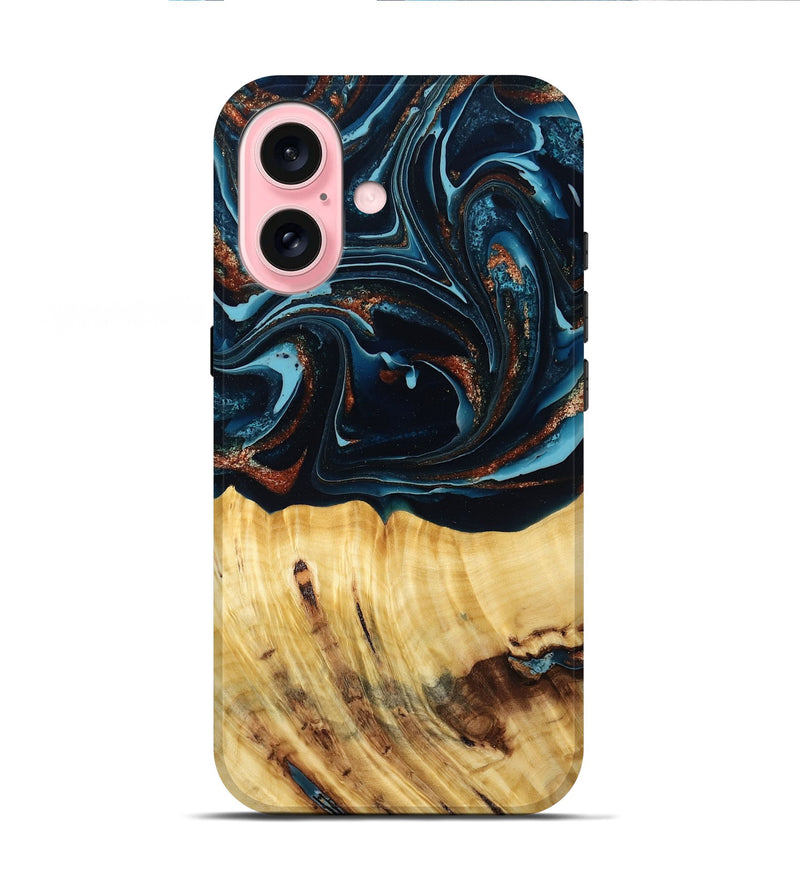 iPhone 16 Wood Live Edge Phone Case - Jacque (Teal & Gold, 790632)