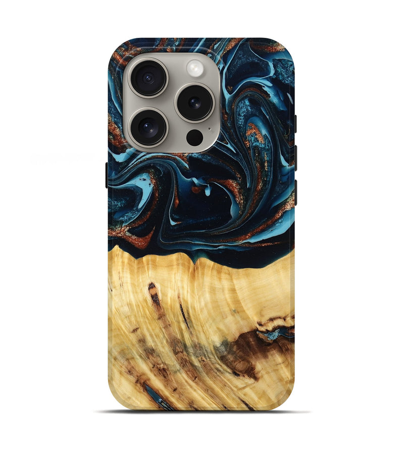 iPhone 16 Pro Wood Live Edge Phone Case - Jacque (Teal & Gold, 790632)