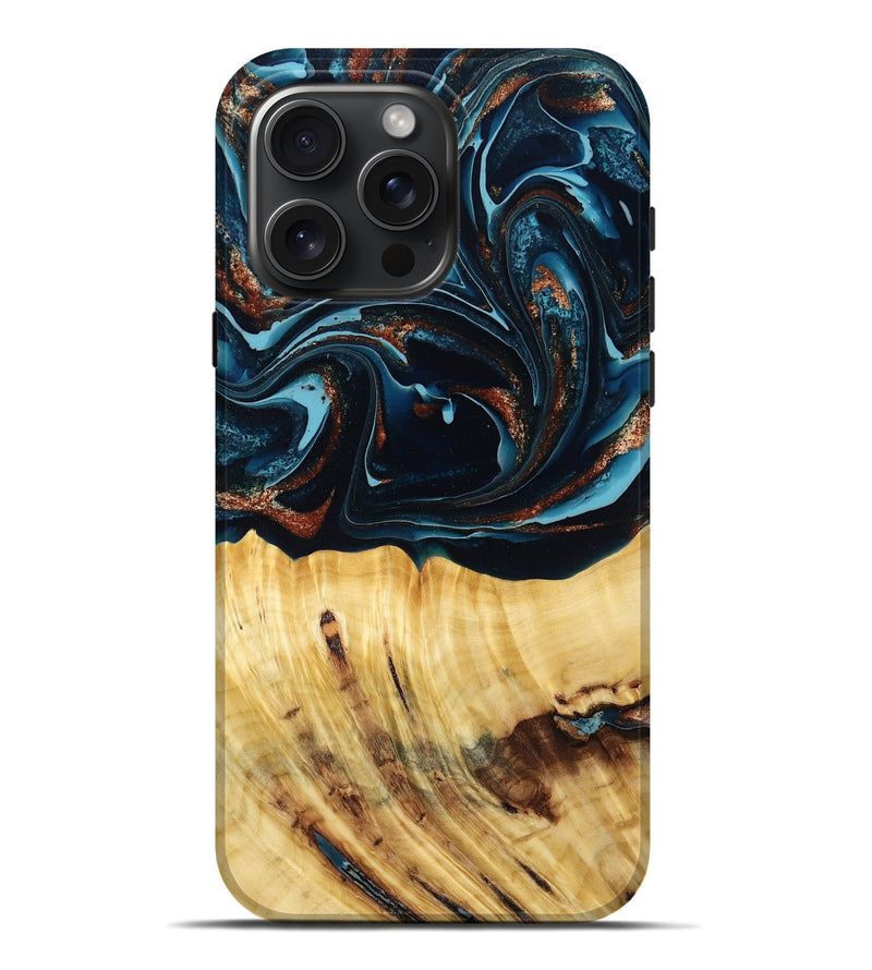 iPhone 16 Pro Max Wood Live Edge Phone Case - Jacque (Teal & Gold, 790632)