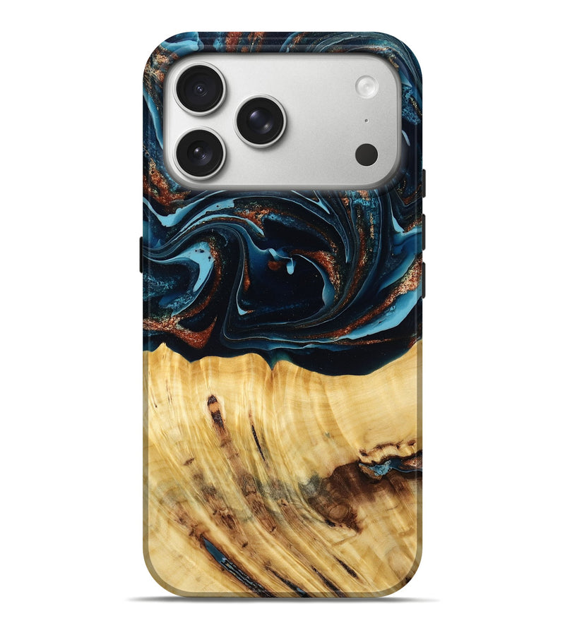 iPhone 17 Pro Max Wood Live Edge Phone Case - Jacque (Teal & Gold, 790632)