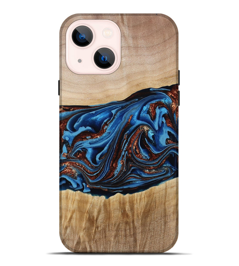 iPhone 14 Plus Wood Live Edge Phone Case - Braxton (Teal & Gold, 790781)
