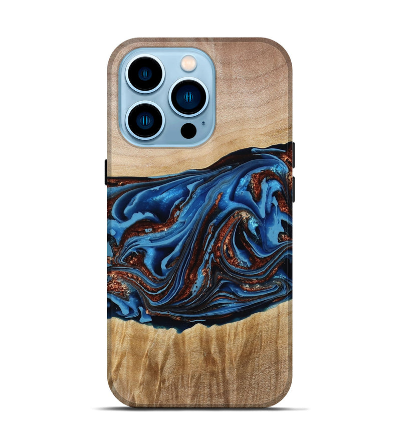 iPhone 14 Pro Wood Live Edge Phone Case - Braxton (Teal & Gold, 790781)