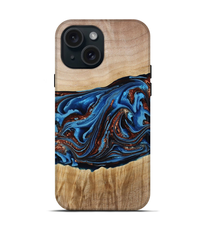 iPhone 15 Wood Live Edge Phone Case - Braxton (Teal & Gold, 790781)