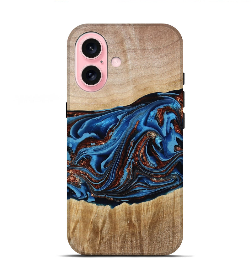 iPhone 16 Wood Live Edge Phone Case - Braxton (Teal & Gold, 790781)