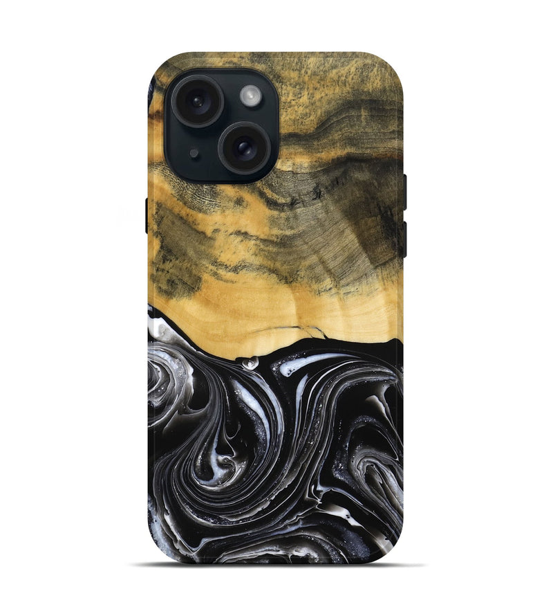 iPhone 15 Wood Live Edge Phone Case - Cielo (Black & White, 790817)