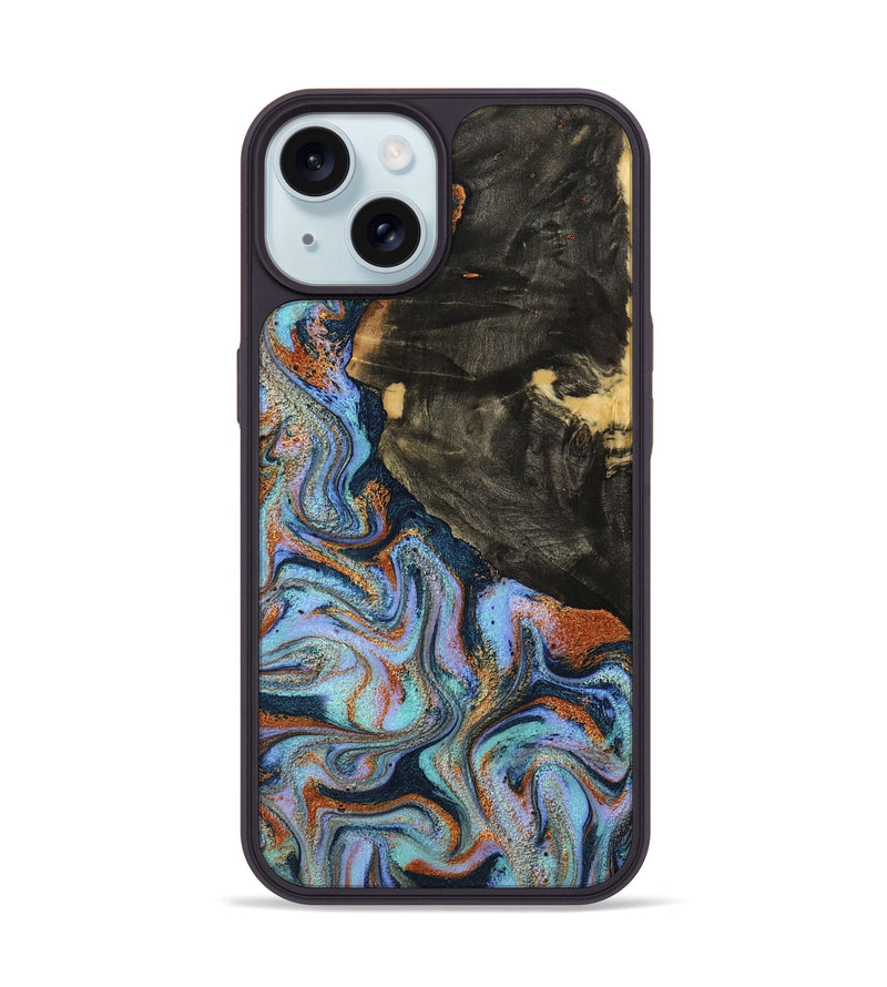iPhone 15 Wood Phone Case - Sonia (Teal & Gold, 791046)
