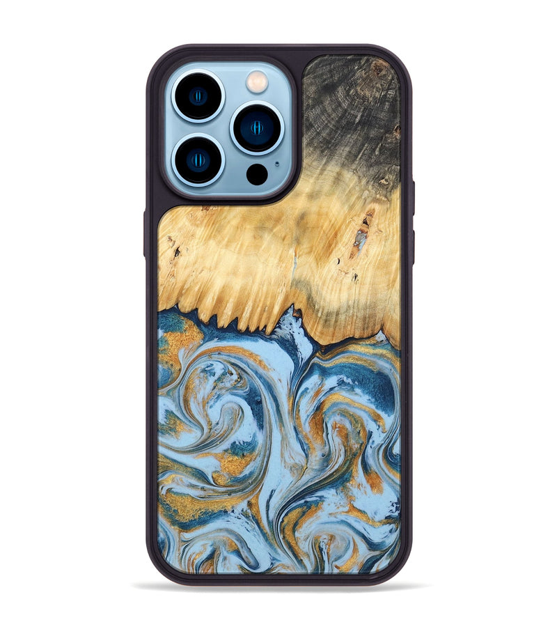 iPhone 14 Pro Max Wood Phone Case - Davonte (Teal & Gold, 791111)