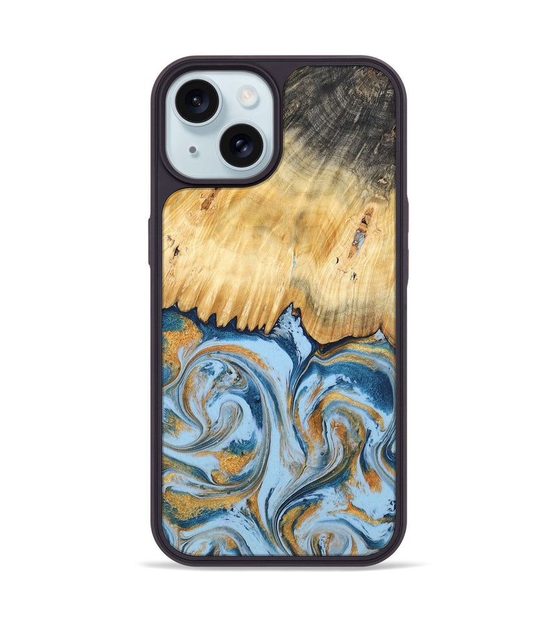 iPhone 15 Wood Phone Case - Davonte (Teal & Gold, 791111)