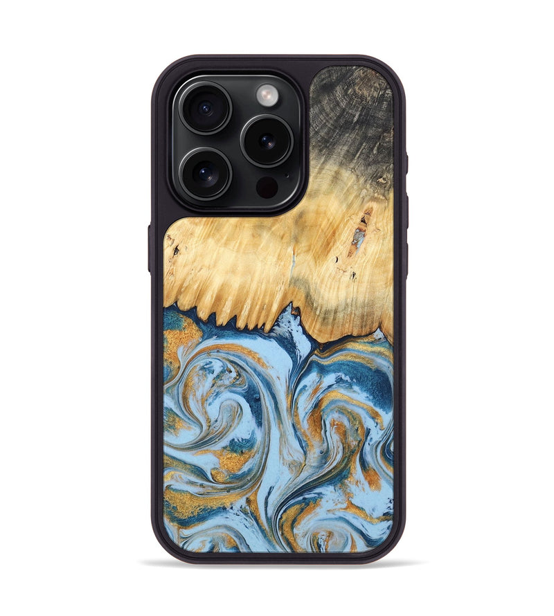 iPhone 15 Pro Wood Phone Case - Davonte (Teal & Gold, 791111)