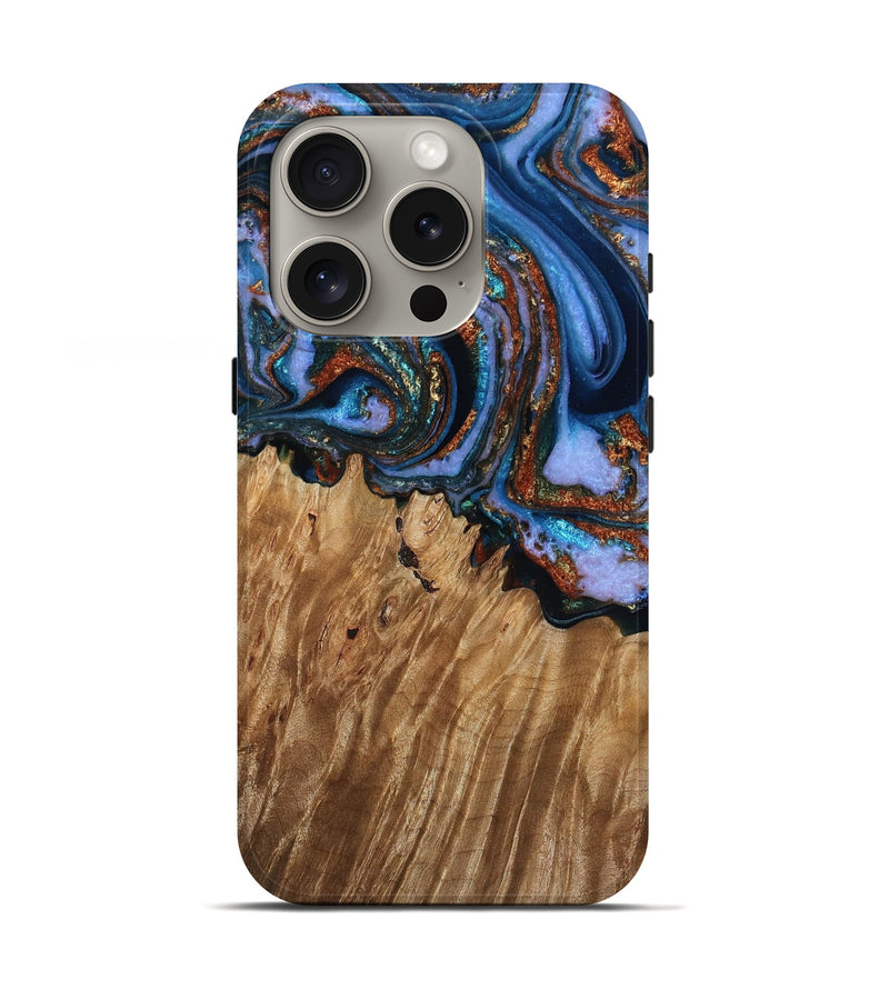 iPhone 16 Pro Wood Live Edge Phone Case - Ozzy (Teal & Gold, 791226)
