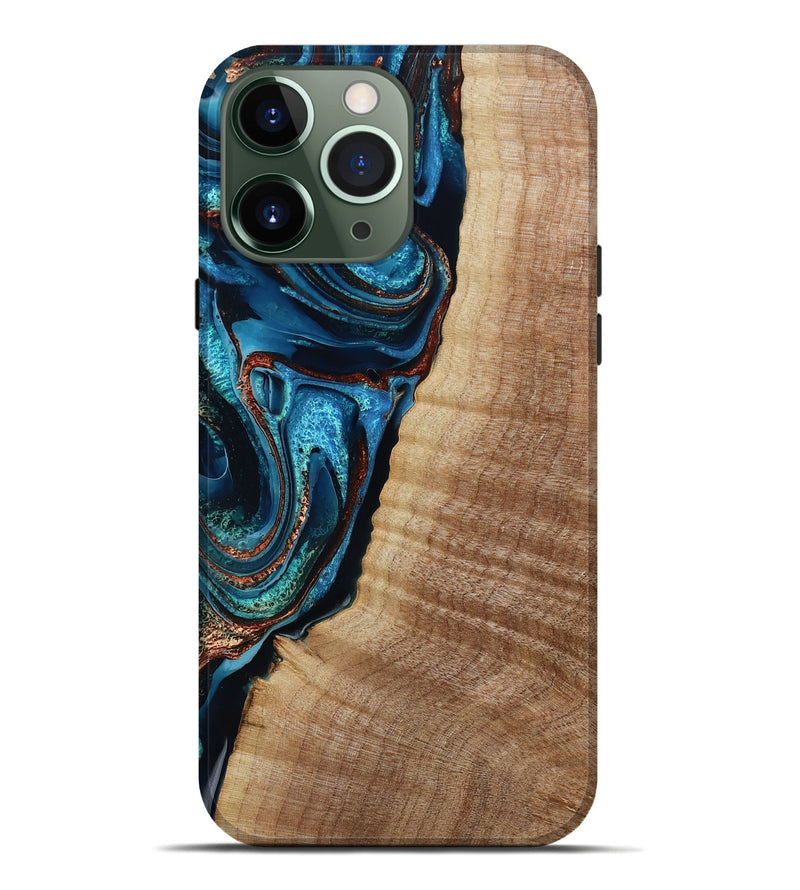 iPhone 13 Pro Max Wood Live Edge Phone Case - Kimora (Teal & Gold, 791579)