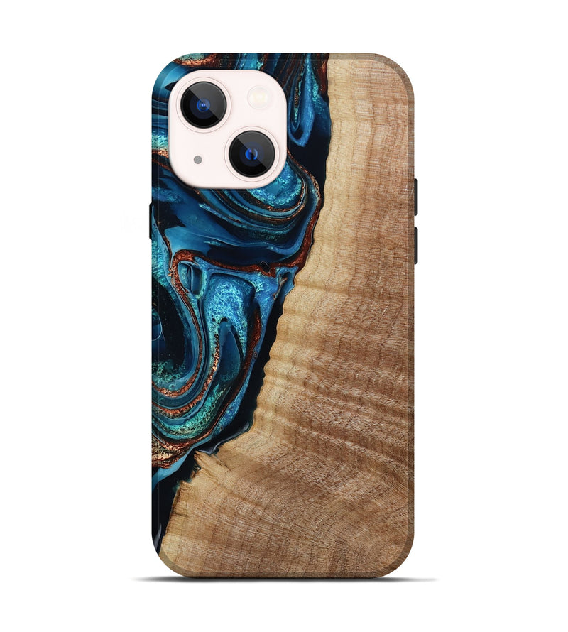 iPhone 14 Wood Live Edge Phone Case - Kimora (Teal & Gold, 791579)