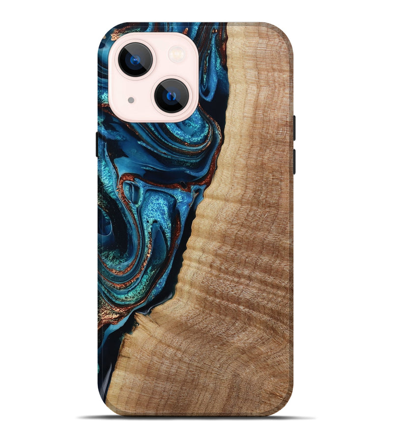 iPhone 14 Plus Wood Live Edge Phone Case - Kimora (Teal & Gold, 791579)