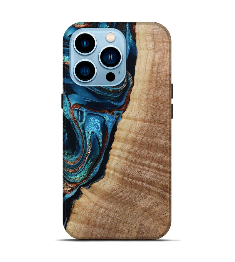 iPhone 14 Pro Wood Live Edge Phone Case - Kimora (Teal & Gold, 791579)
