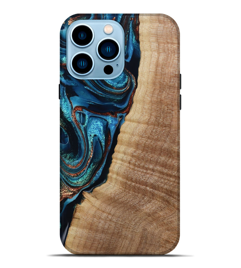 iPhone 14 Pro Max Wood Live Edge Phone Case - Kimora (Teal & Gold, 791579)