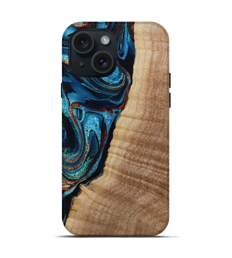 iPhone 15 Wood Live Edge Phone Case - Kimora (Teal & Gold, 791579)
