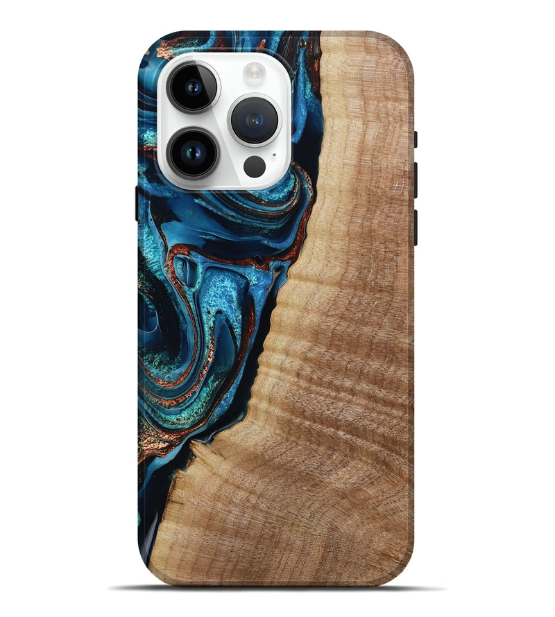 iPhone 15 Pro Max Wood Live Edge Phone Case - Kimora (Teal & Gold, 791579)