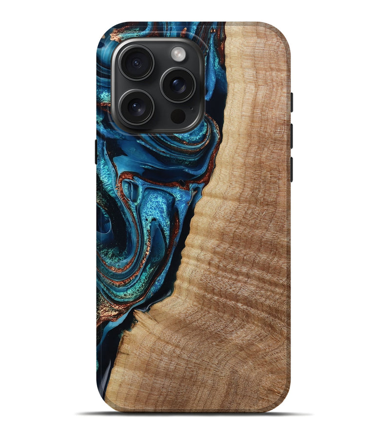 iPhone 16 Pro Max Wood Live Edge Phone Case - Kimora (Teal & Gold, 791579)
