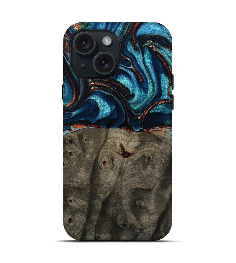 iPhone 15 Wood Live Edge Phone Case - Westyn (Teal & Gold, 791587)